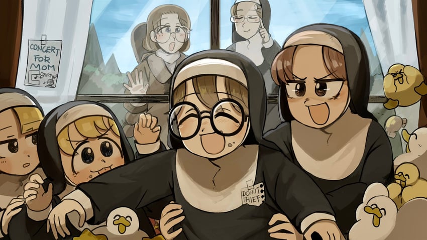 clumsy nun, spicy nun, glasses nun, hungry nun, glasses nun's aunt, and 1 more (little nuns) drawn by diva_(hyxpk)