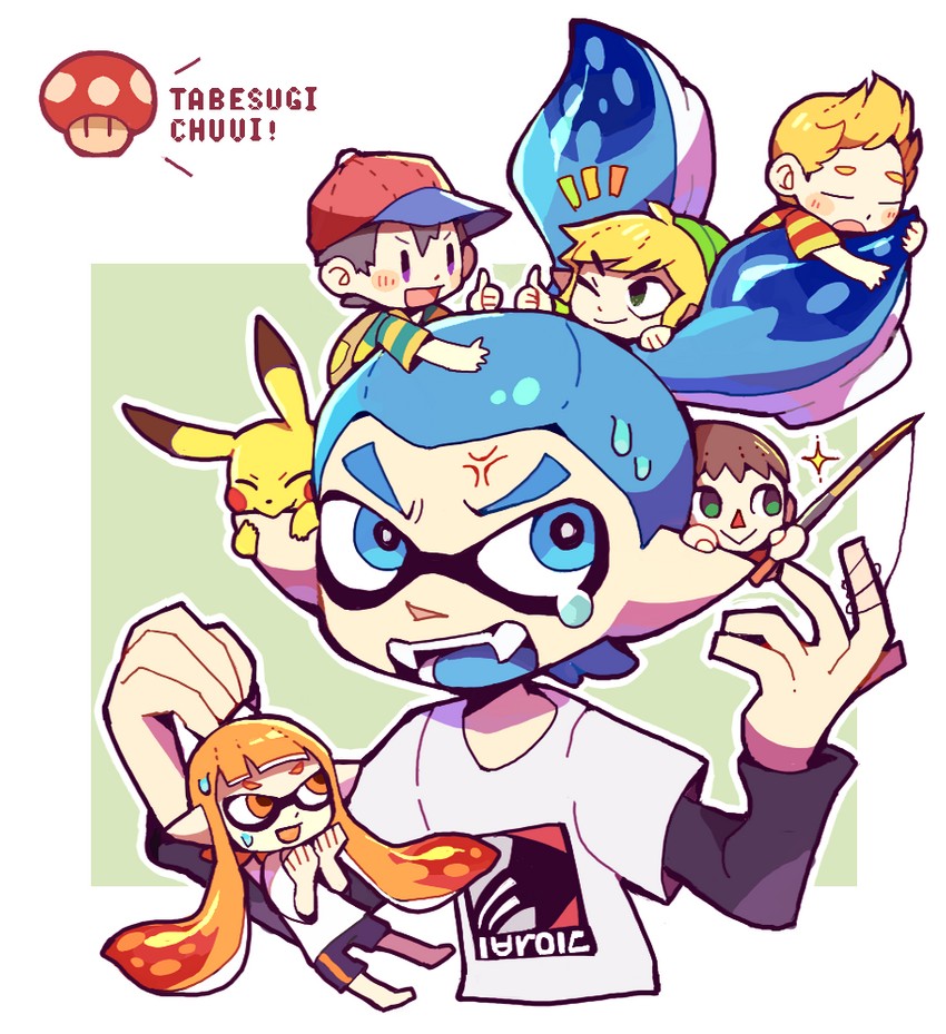 link, inkling player character, pikachu, inkling girl, inkling boy, and 6 more (pokemon and 9 more) drawn by teijiro