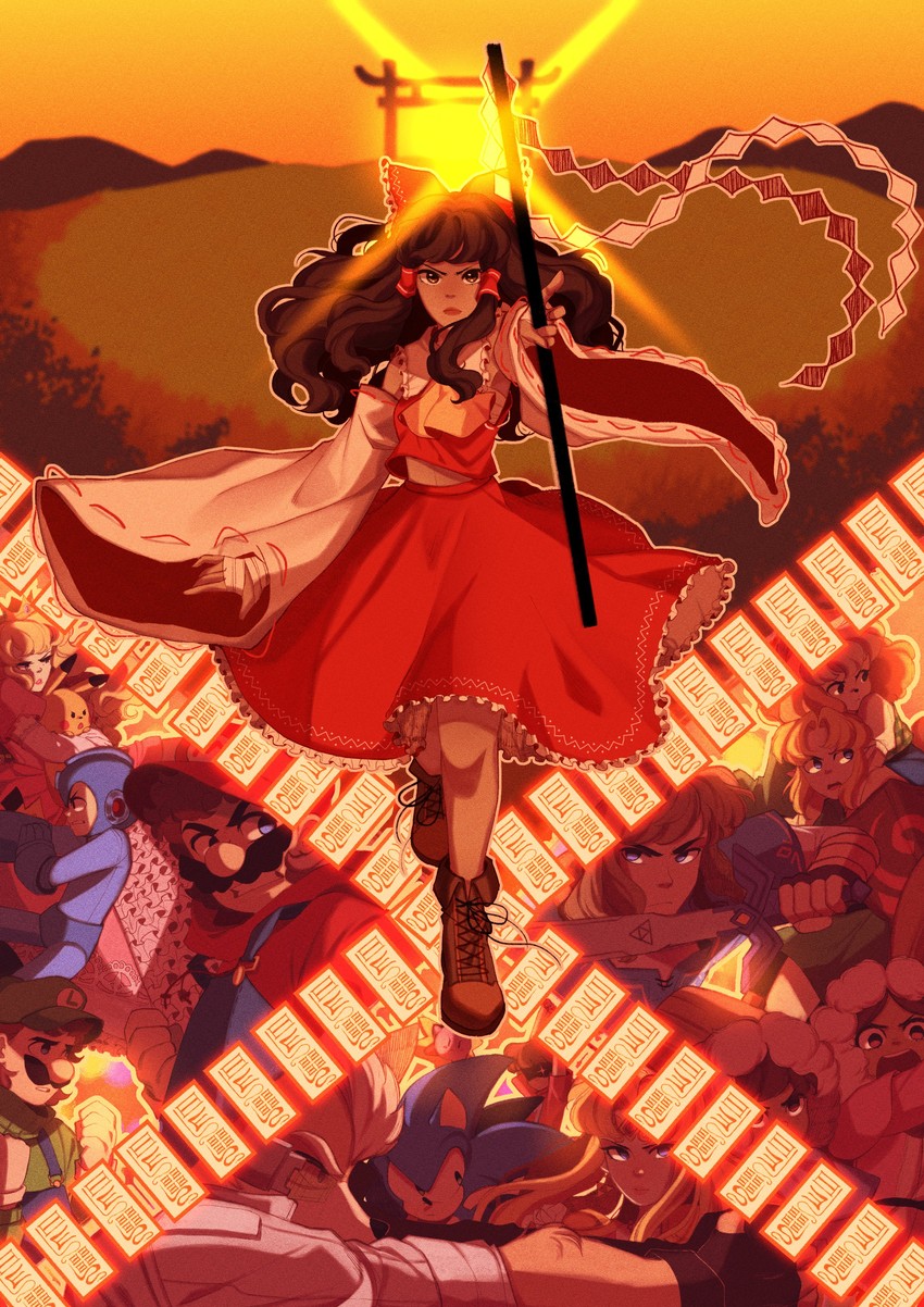 hakurei reimu, link, pikachu, princess zelda, kirby, and 11 more (touhou and 11 more) drawn by pixie_(milkywaypixies)