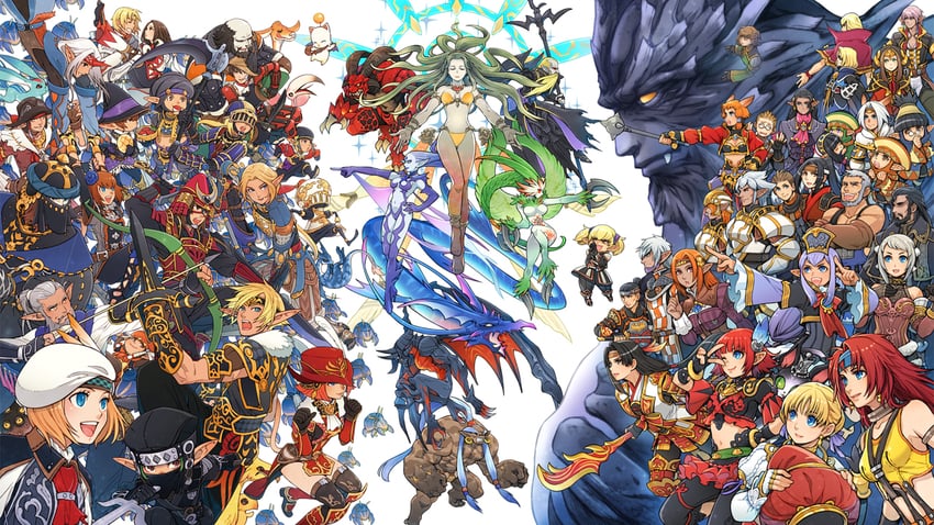 adventurer, moogle, white mage, black mage, cait sith, and 50 more (final fantasy and 1 more) drawn by minagawa_fumio