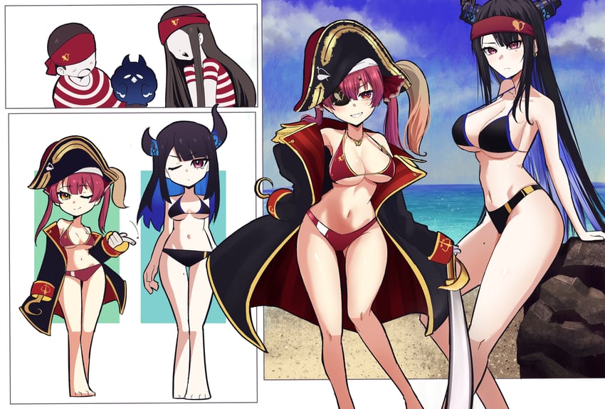 houshou marine, nerissa ravencroft, and jailbird (hololive and 1 more) drawn by cd_usr