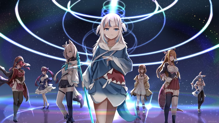 houshou marine, gawr gura, shirakami fubuki, usada pekora, minato aqua, and 2 more (fate and 3 more) drawn by yukidaruma718