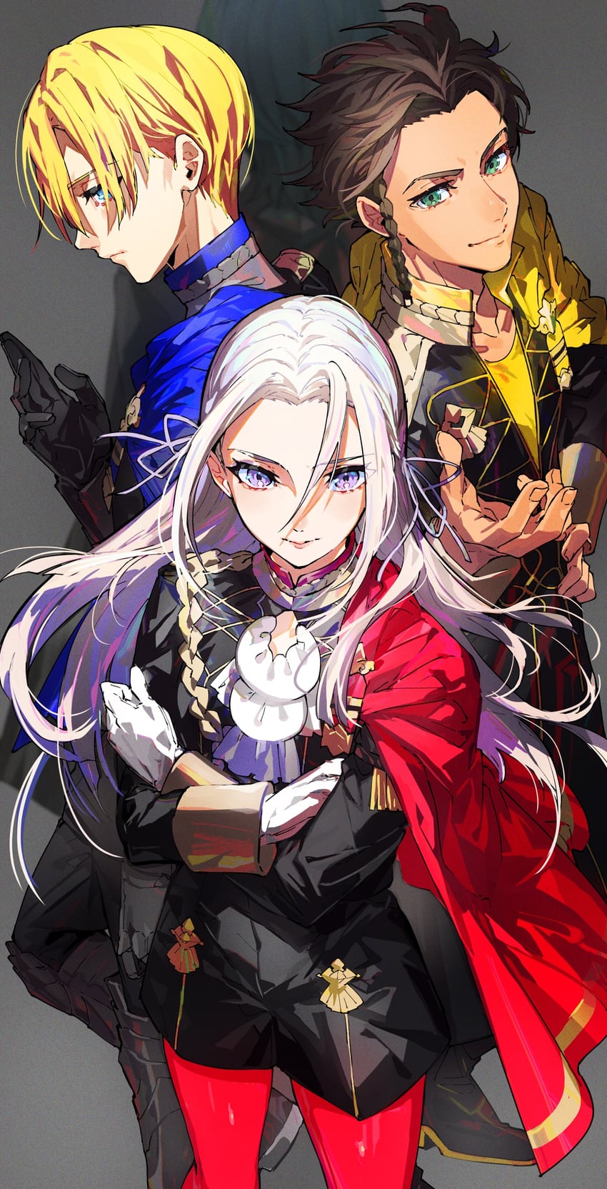 edelgard von hresvelg, dimitri alexandre blaiddyd, male byleth, and claude von riegan (fire emblem and 1 more) drawn by mika_pikazo