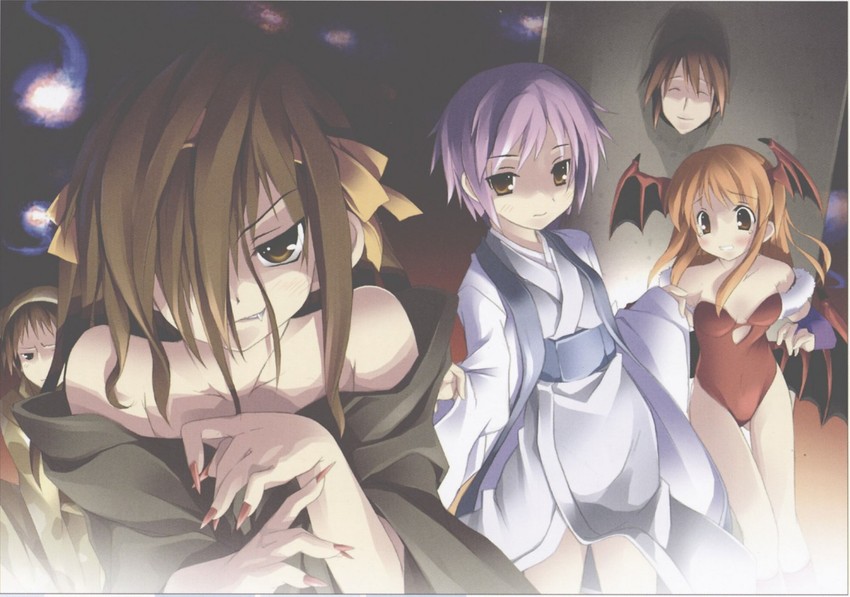 suzumiya haruhi, nagato yuki, asahina mikuru, kyon, lilith, and 1 more (suzumiya haruhi no yuuutsu and 1 more) drawn by kantoku