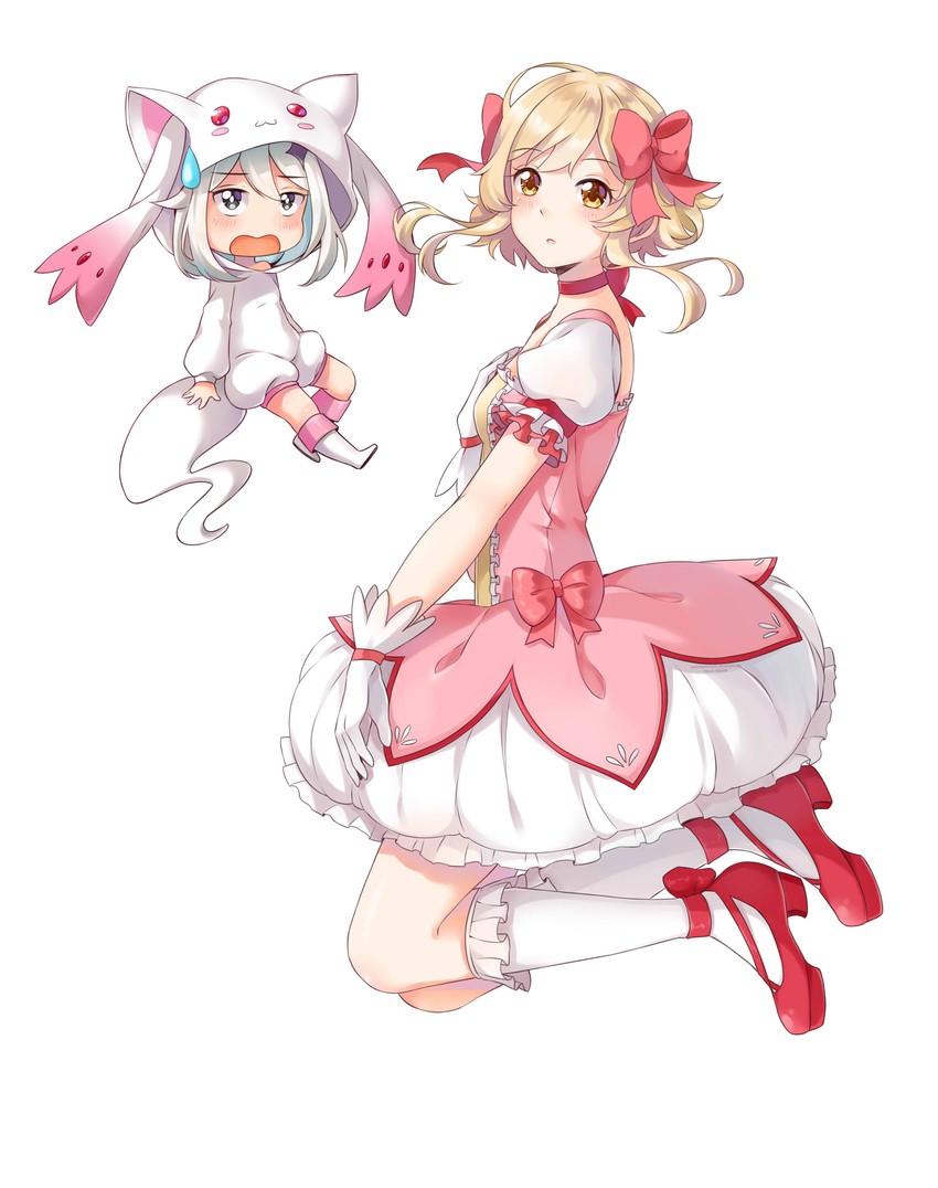 kaname madoka, lumine, kyubey, paimon, and yuuki aoi (genshin impact and 1 more) drawn by candy_rimo