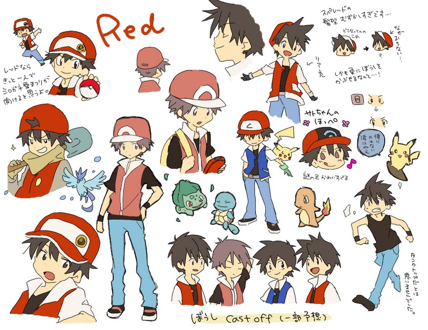pikachu, ash ketchum, red, bulbasaur, squirtle, and 2 more (pokemon and 5 more) drawn by bukiko