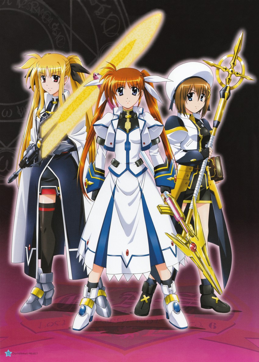 fate testarossa, takamachi nanoha, yagami hayate, raising heart, bardiche, and 1 more (lyrical nanoha and 2 more)