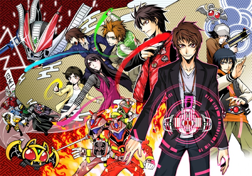 kadoya tsukasa, momotaros, kivat-bat iii, urataros, kintaros, and 15 more (kamen rider and 6 more) drawn by fujisawa_naoyuki