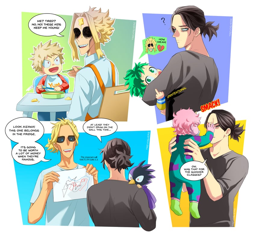 midoriya izuku, bakugou katsuki, ashido mina, aizawa shota, yagi toshinori, and 1 more (boku no hero academia) drawn by trevo_(trevoshere)