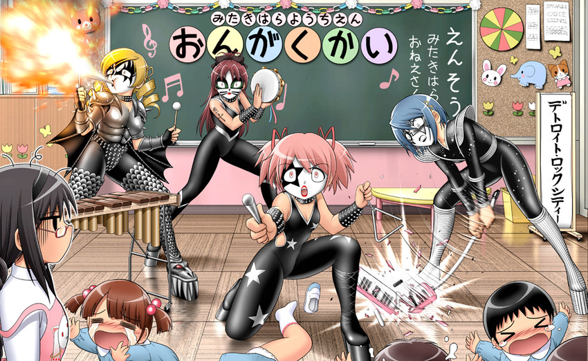 akemi homura, kaname madoka, miki sayaka, sakura kyoko, tomoe mami, and 1 more (mahou shoujo madoka magica and 1 more) drawn by shingyouji_tatsuya