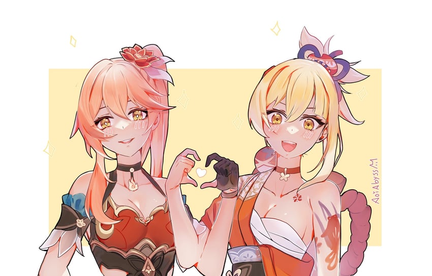 yoimiya and guinaifen (genshin impact and 3 more) drawn by aoiabyss