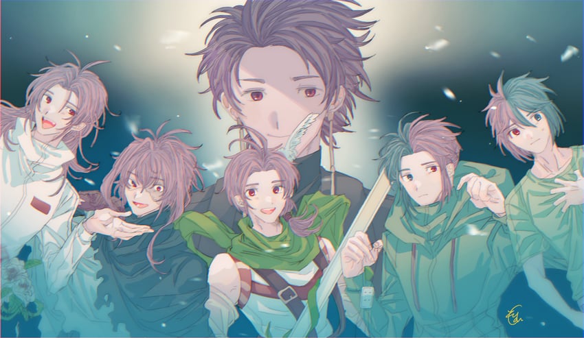 hatsutori hajime, theodore riddle, nijou ryuu, mutsushika misumi, nanami izu, and 1 more (saibou shinkyoku) drawn by nazuremi