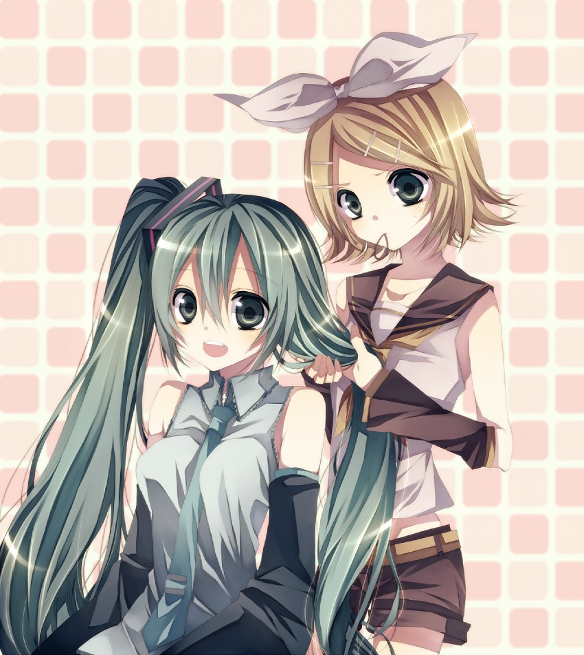 hatsune miku and kagamine rin (vocaloid) drawn by tsukioka_tsukiho