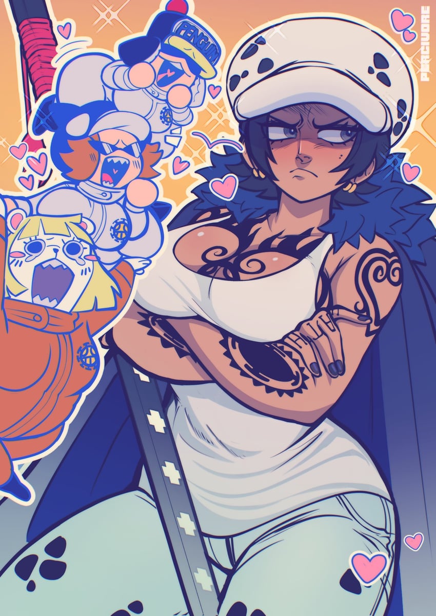 trafalgar law, law-chan, bepo, penguin, and shachi (one piece) drawn by percivore