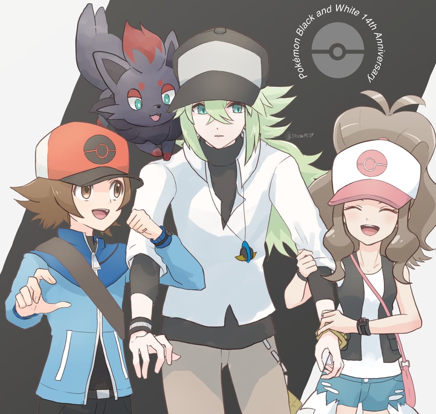 hilda, hilbert, n, and zorua (pokemon and 1 more) drawn by snow_(ffgf7255)