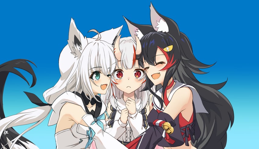 shirakami fubuki, ookami mio, and nakiri ayame (hololive) drawn by kagami_yoshino