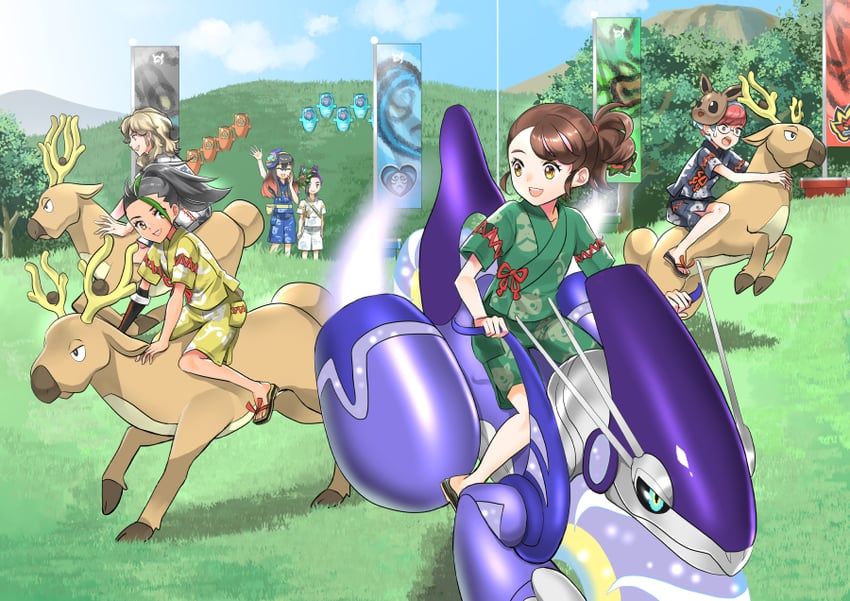 eevee, kieran, juliana, carmine, nemona, and 4 more (pokemon and 1 more) drawn by morisawa_machi