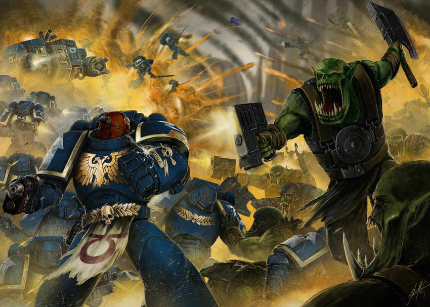 adeptus astartes and ork (warhammer 40k) drawn by john_stone_art