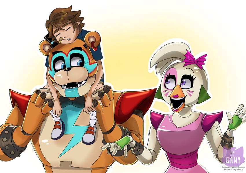 freddy fazbear, chica, glamrock freddy, gregory, and glamrock chica (five nights at freddy's and 1 more) drawn by gamyservice