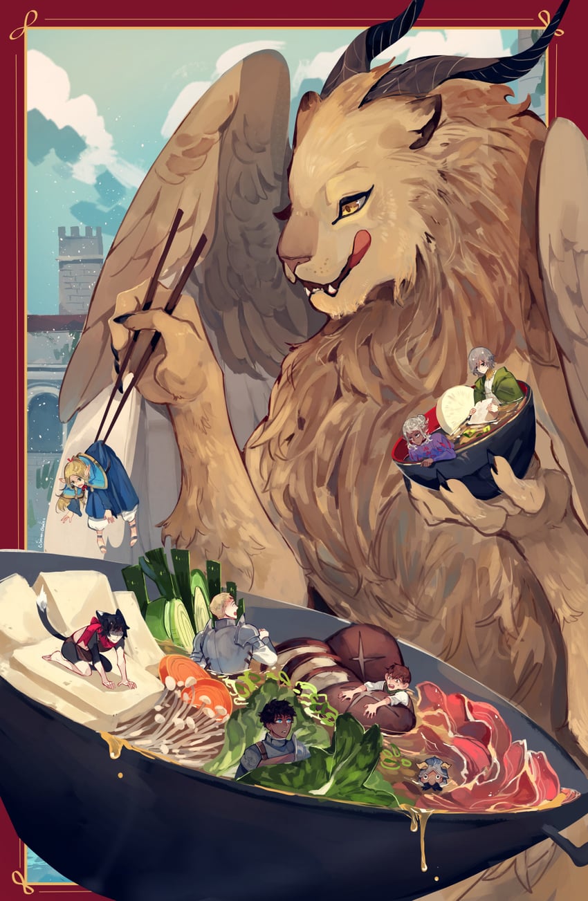 marcille donato, laios touden, senshi, mithrun, chilchuck tims, and 3 more (dungeon meshi) drawn by crimson-chains