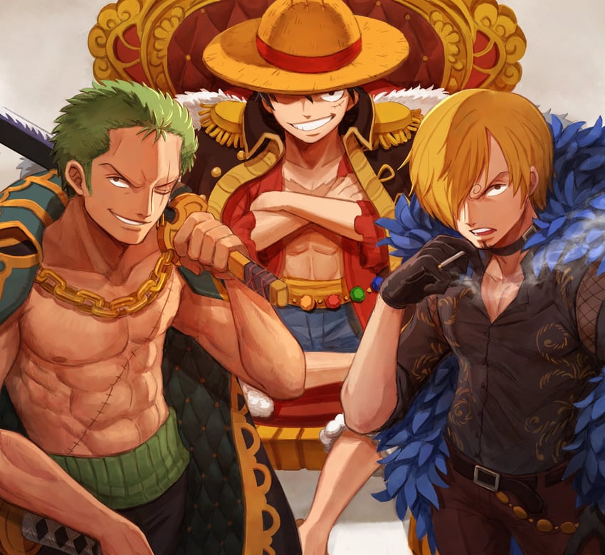 monkey d. luffy, roronoa zoro, and sanji (one piece) drawn by oekakiboya