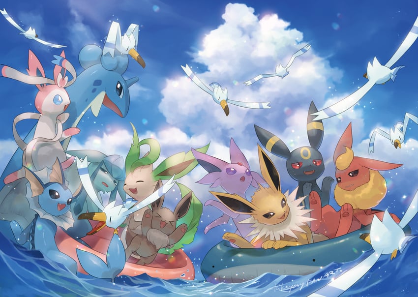 eevee, sylveon, umbreon, glaceon, vaporeon, and 7 more (pokemon) drawn by kikuyoshi_(tracco)