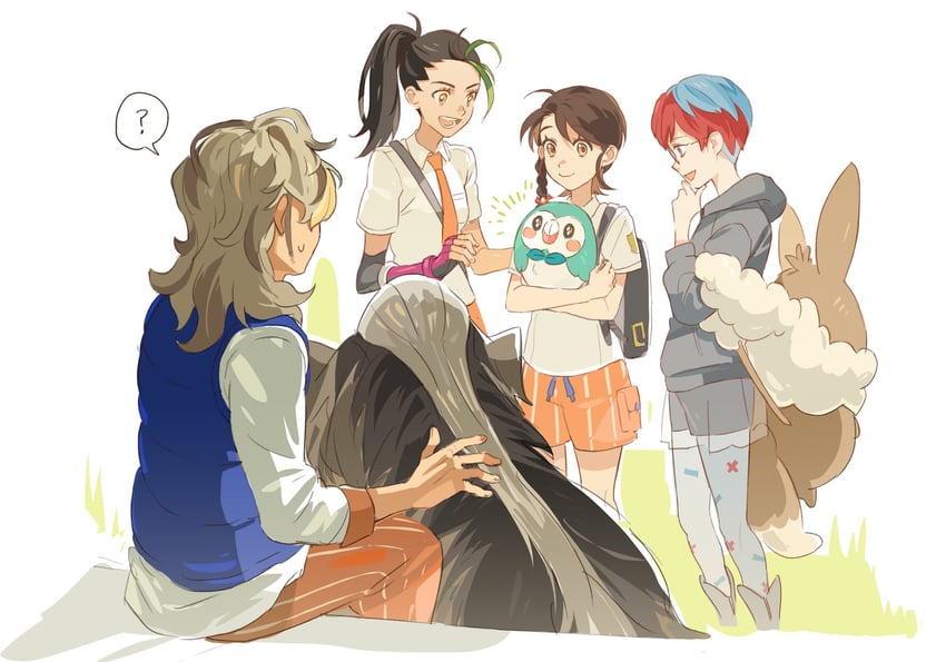 eevee, rowlet, juliana, nemona, arven, and 2 more (pokemon and 1 more) drawn by ch_walnut
