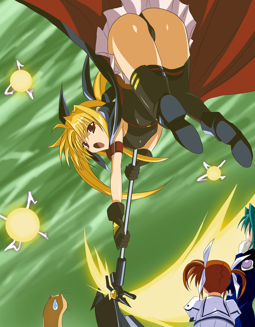 fate testarossa, takamachi nanoha, bardiche, yuuno scrya, and lindy harlaown (lyrical nanoha and 2 more) drawn by tanaka_hitoriaruki