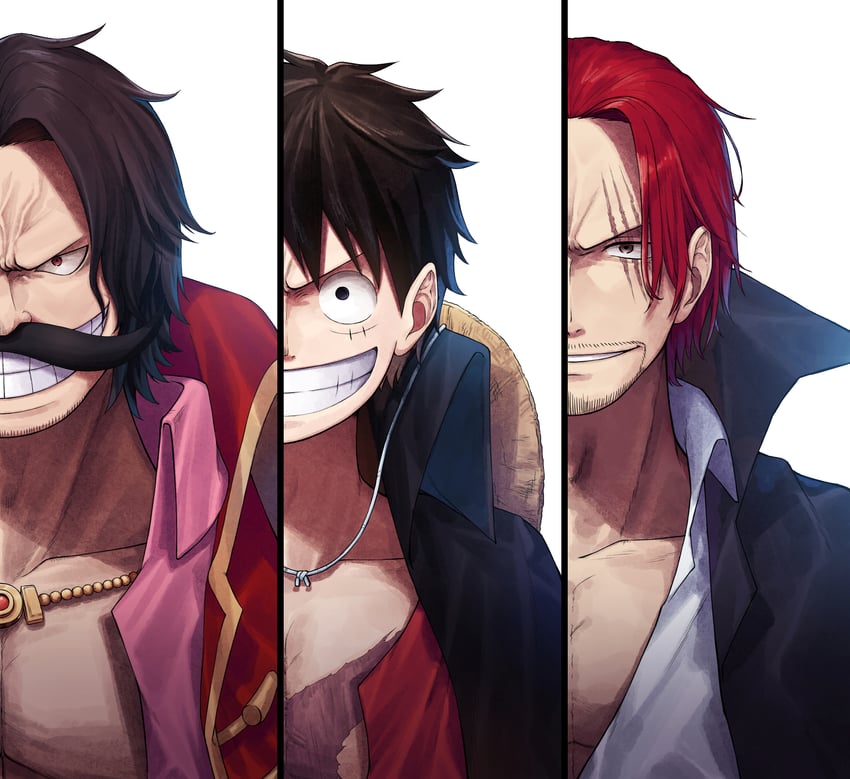 monkey d. luffy, shanks, and gol d. roger (one piece) drawn by bashauma_(bashaumaop)