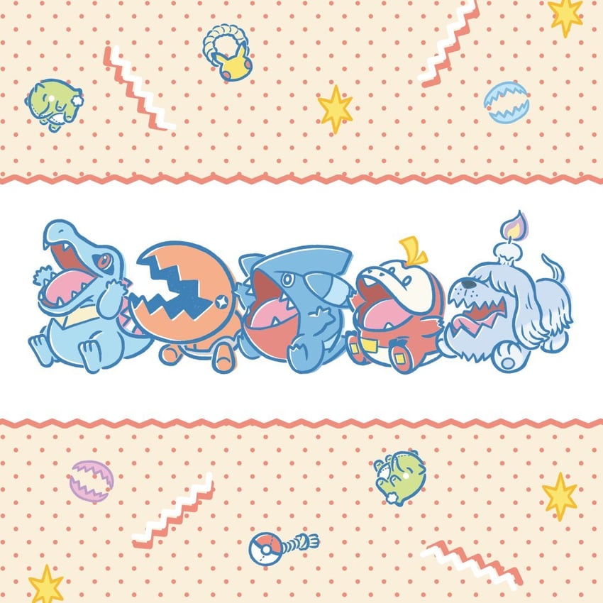 pikachu, fuecoco, totodile, gible, trapinch, and 1 more (pokemon) drawn by momo_irone