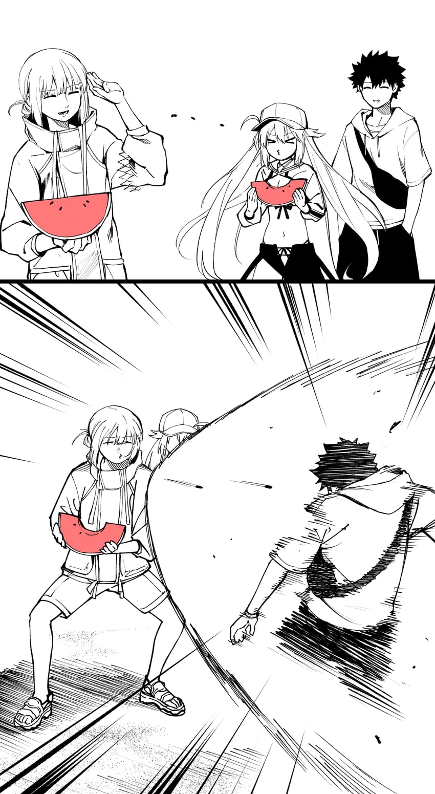 artoria pendragon, fujimaru ritsuka, artoria caster, and oberon (fate and 1 more) drawn by hirunagi