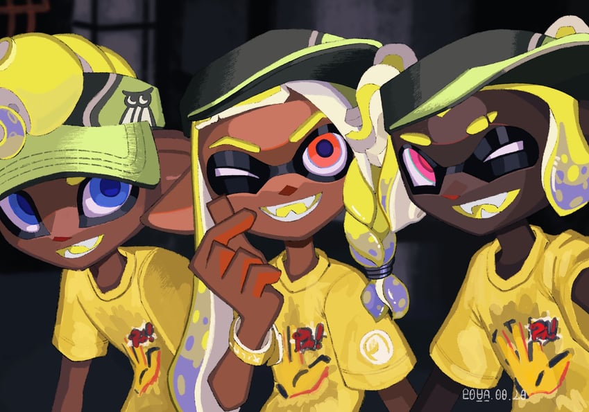 inkling player character, inkling girl, octoling player character, and octoling boy (splatoon and 1 more) drawn by hyper_chikuwabu