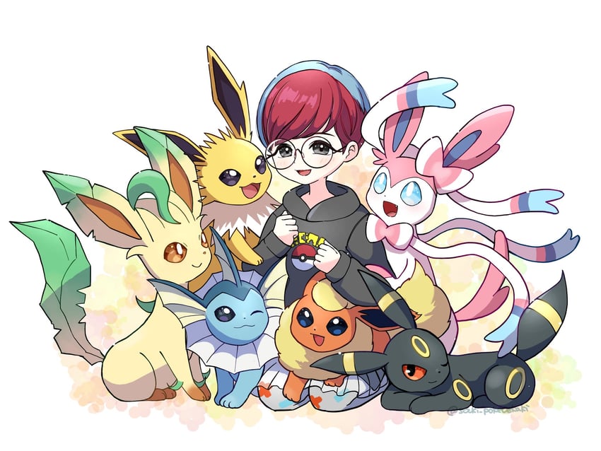 sylveon, umbreon, vaporeon, leafeon, flareon, and 2 more (pokemon and 1 more) drawn by saki_pokeoekaki