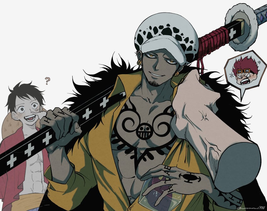 monkey d. luffy, trafalgar law, and eustass kid (one piece) drawn by wosara