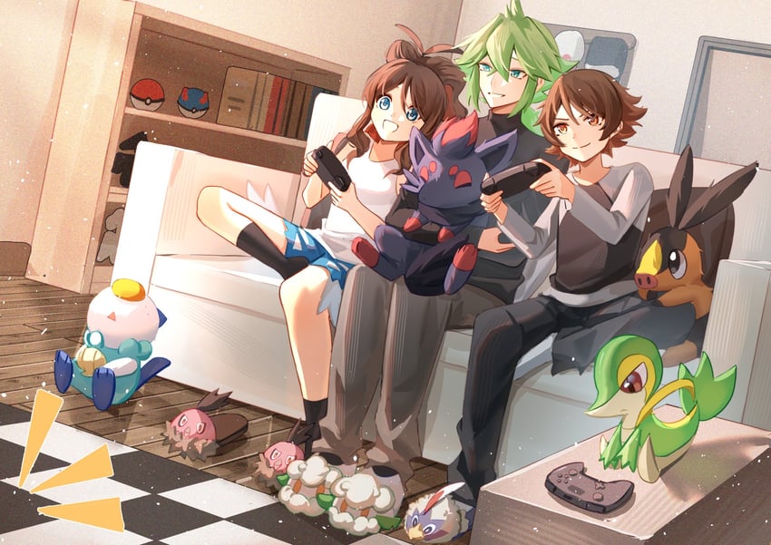 hilda, hilbert, n, oshawott, snivy, and 5 more (pokemon and 1 more) drawn by wildou_p