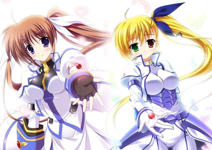 takamachi nanoha, raising heart, and vivio (lyrical nanoha and 1 more) drawn by endori