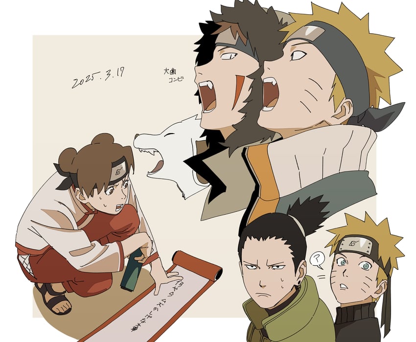 uzumaki naruto, nara shikamaru, tenten, inuzuka kiba, and akamaru (naruto and 1 more) drawn by pnpk_1013