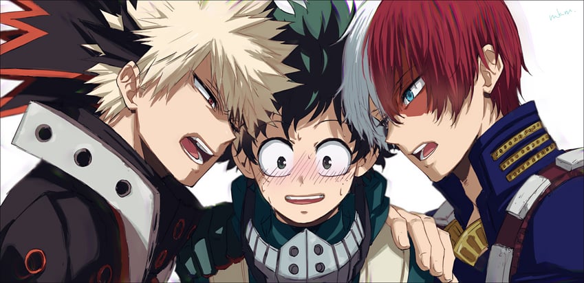 midoriya izuku, bakugou katsuki, and todoroki shoto (boku no hero academia) drawn by mkm_(mkm_storage)
