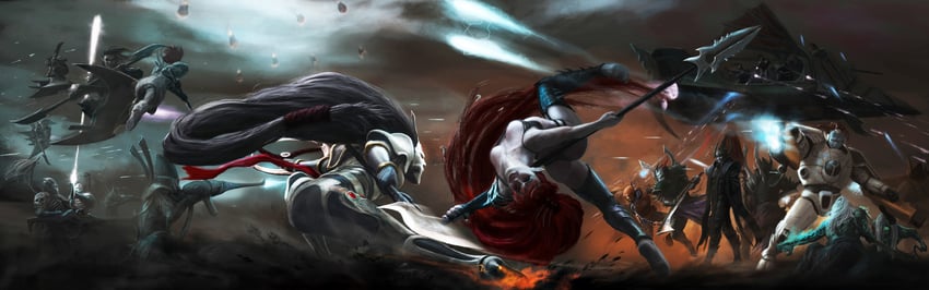t'au, lelith hesperax, shadowsun, and jain zar (warhammer 40k) drawn by alex_cristi