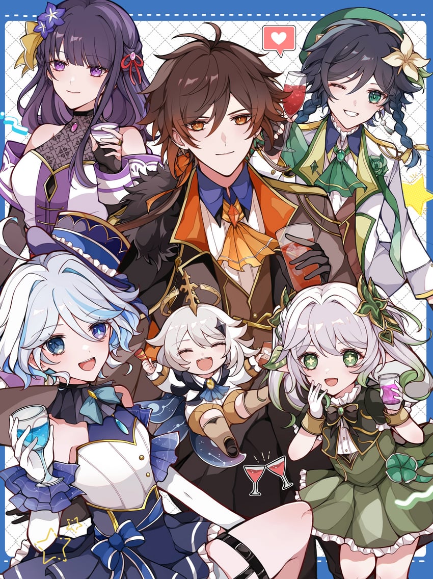 raiden shogun, furina, nahida, zhongli, venti, and 1 more (genshin impact) drawn by ekua_piyo