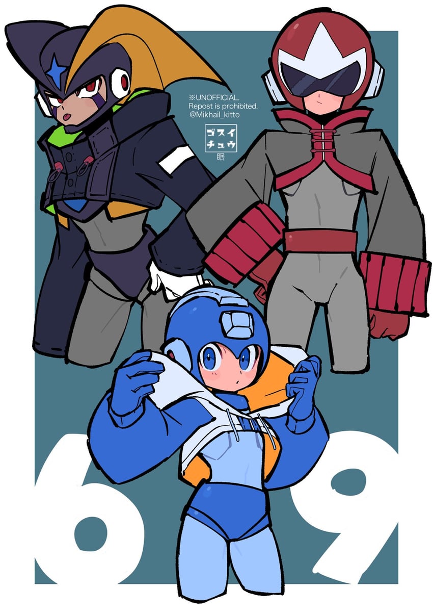 mega man, proto man, and bass (mega man) drawn by mikhail_kitto