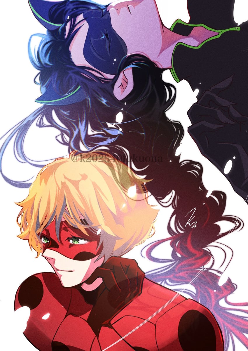 marinette dupain-cheng, adrien agreste, lady noir, and misterbug (miraculous ladybug) drawn by k202840fukuona