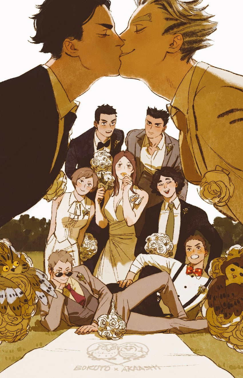 bokuto koutarou, akaashi keiji, shirofuku yukie, komi haruki, washio tatsuki, and 1 more (haikyuu!!) drawn by chengongzi123