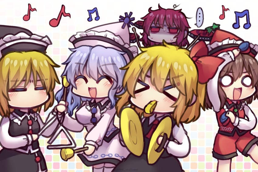 rumia, lunasa prismriver, lyrica prismriver, merlin prismriver, and horikawa raiko (touhou) drawn by unime_seaflower