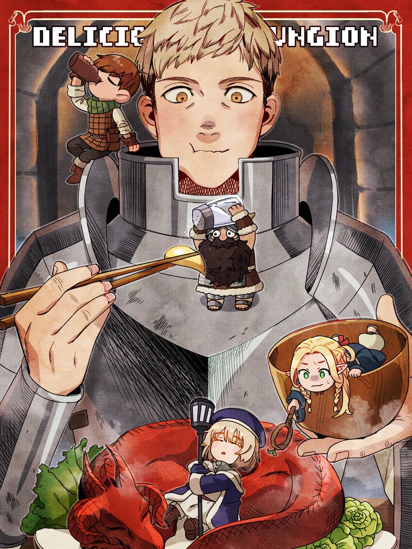 marcille donato, falin touden, laios touden, senshi, and chilchuck tims (dungeon meshi) drawn by lotus_(miya1224)