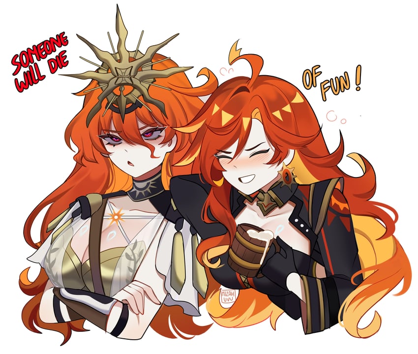 mavuika and augusta (genshin impact and 2 more) drawn by mizah_(mizah)