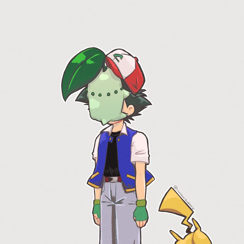 pikachu, ash ketchum, and chikorita (pokemon) drawn by umebosibakari2