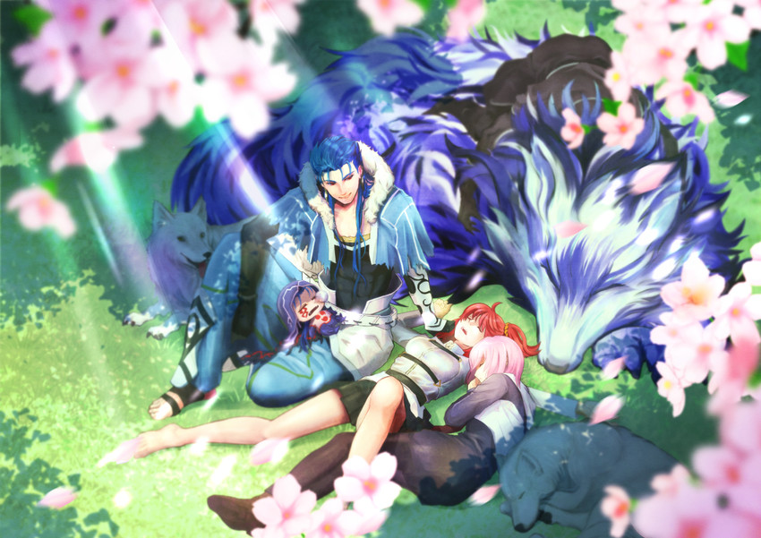 mash kyrielight, fujimaru ritsuka, cu chulainn, lobo, hessian, and 2 more (fate and 1 more) drawn by kassan_(kassan_5a)
