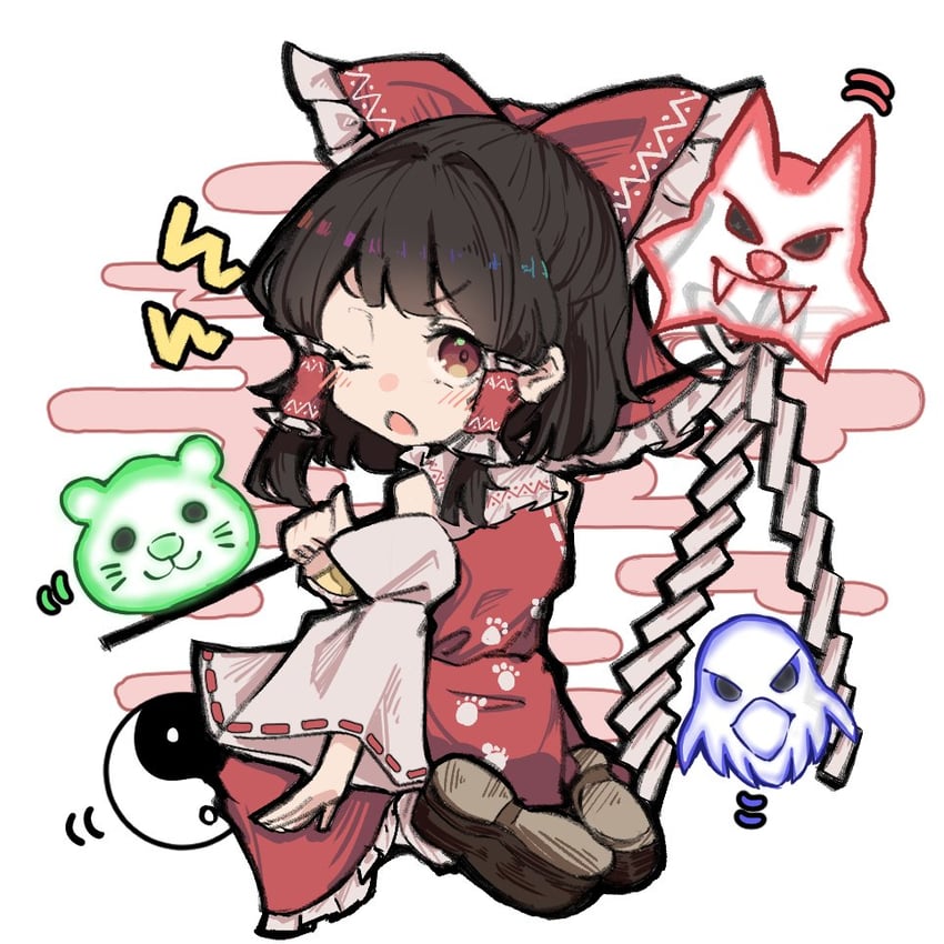 hakurei reimu, otter spirit, wolf spirit, and eagle spirit (touhou and 1 more) drawn by mouryou_(chimimouryou)