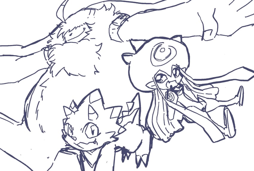 jellymon, gammamon, and angoramon (digimon and 1 more) drawn by megane_mochi